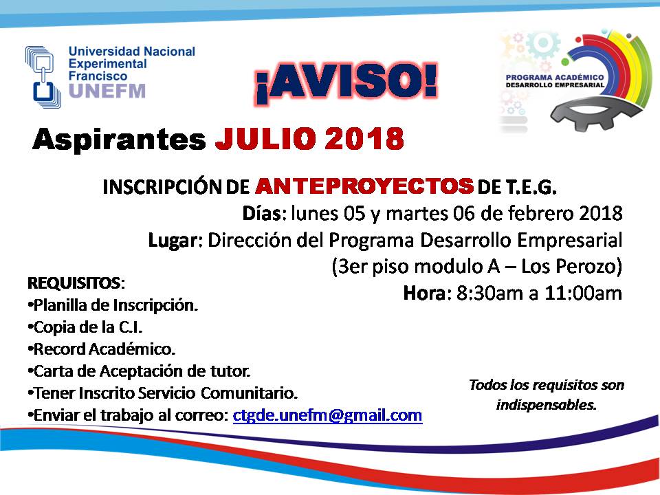 UNEFM_DE's tweet photo. #Atención LLAMADO a #Inscripción  de #Anteproyectos TEG. Aspirantes a Acto de Grado en JULIO 2018 https://t.co/ftnbnmsXU5