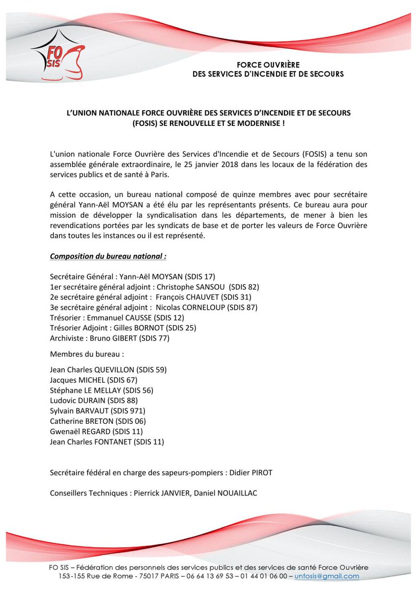 L’UNION NATIONALE FORCE OUVRIÈRE DES SERVICES D’INCENDIE ET DE SECOURS (FOSIS) SE RENOUVELLE ET SE MODERNISE ! fosis.org/index.php/2018…