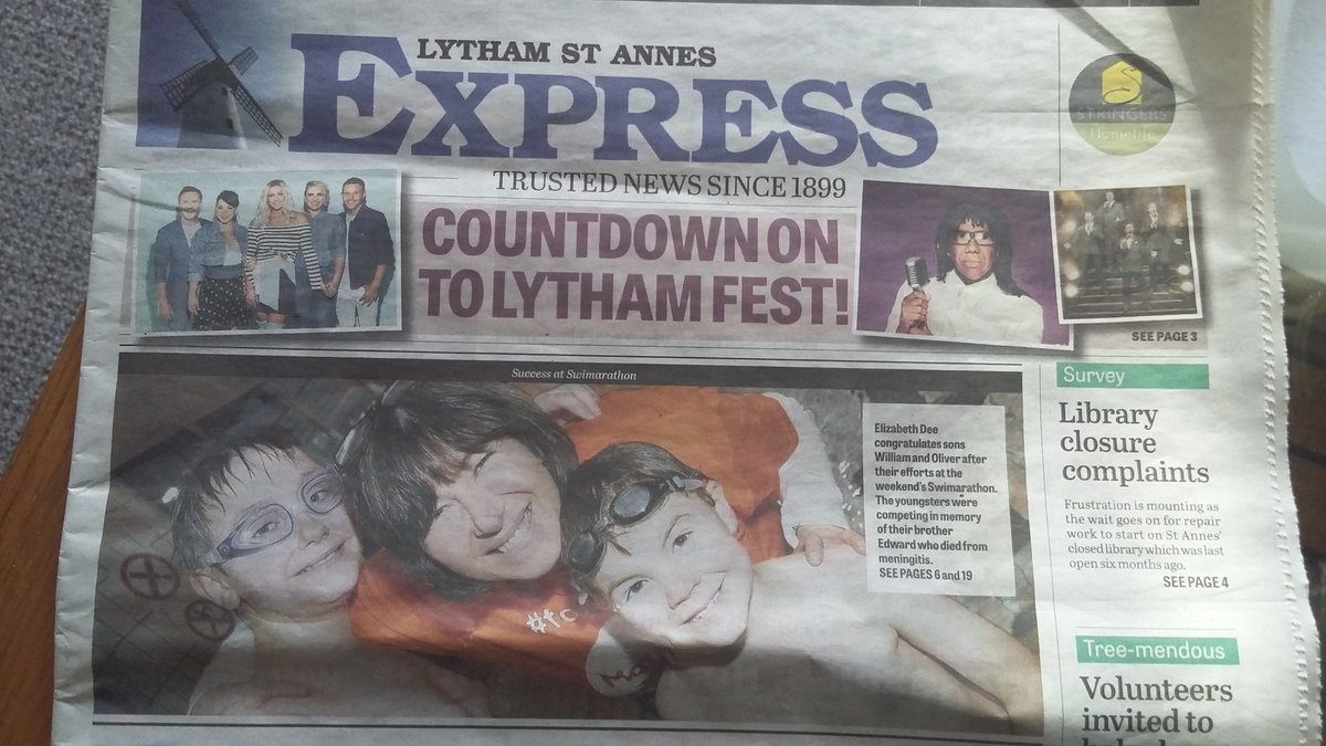 edwarddeefund's tweet photo. Front page (and pages 6 &amp; 19) of the @lsaexpress this week #Swimarathon2018 #forEdward @LythamLions https://t.co/x7XcJ8E1Ad