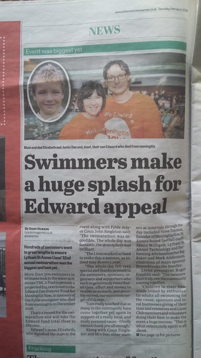edwarddeefund's tweet photo. Front page (and pages 6 &amp; 19) of the @lsaexpress this week #Swimarathon2018 #forEdward @LythamLions https://t.co/x7XcJ8E1Ad
