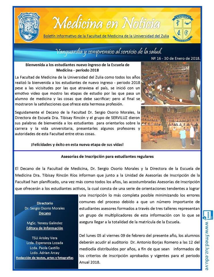FmedLUZ's tweet photo. Boletín Nº 1 de fecha 30 de enero de 2018 https://t.co/skwm84Bfti