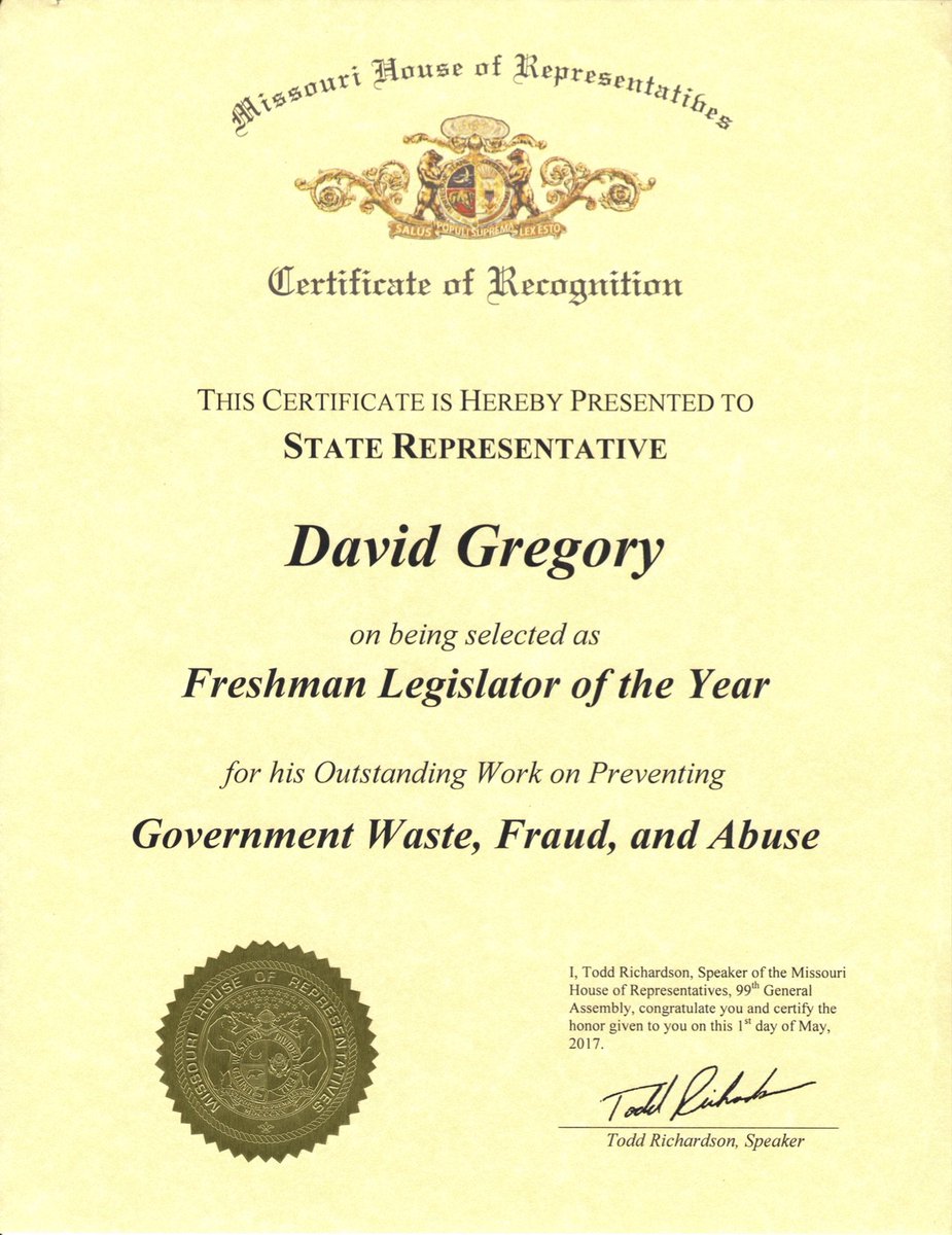 DavidGregoryMO's tweet image. I am absolutely committed to identifying and rooting out government waste wherever it exists. We can help more people and spend less money doing it. I was honored to receive the Freshman of the Year Award for my commitment and work on this important issue in #moleg. #TBT