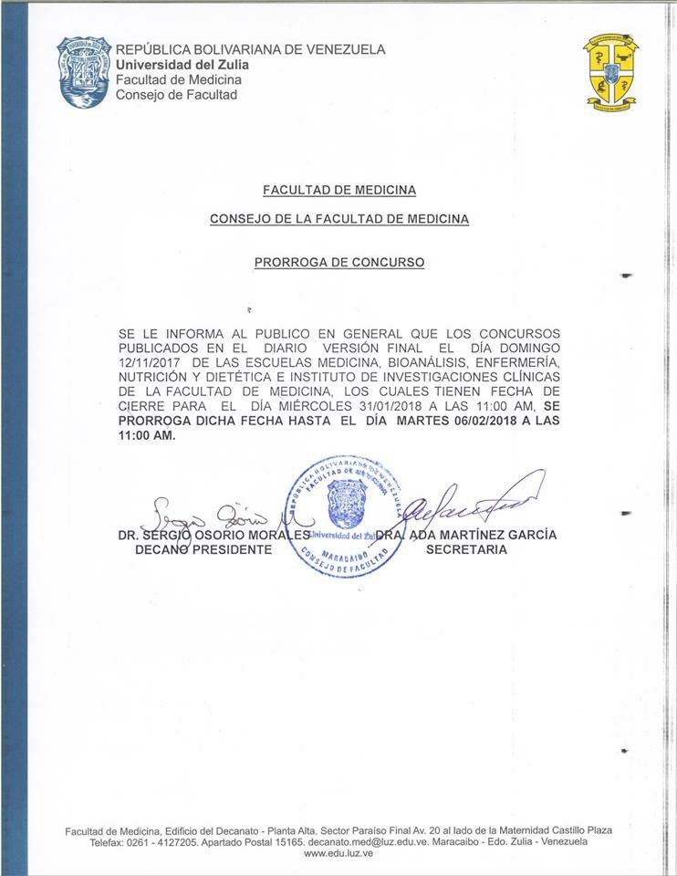 FmedLUZ's tweet photo. El Consejo de la Facultad de Medicina informa sobre prorroga de Concursos del Personal Docente https://t.co/el68xLfTOi