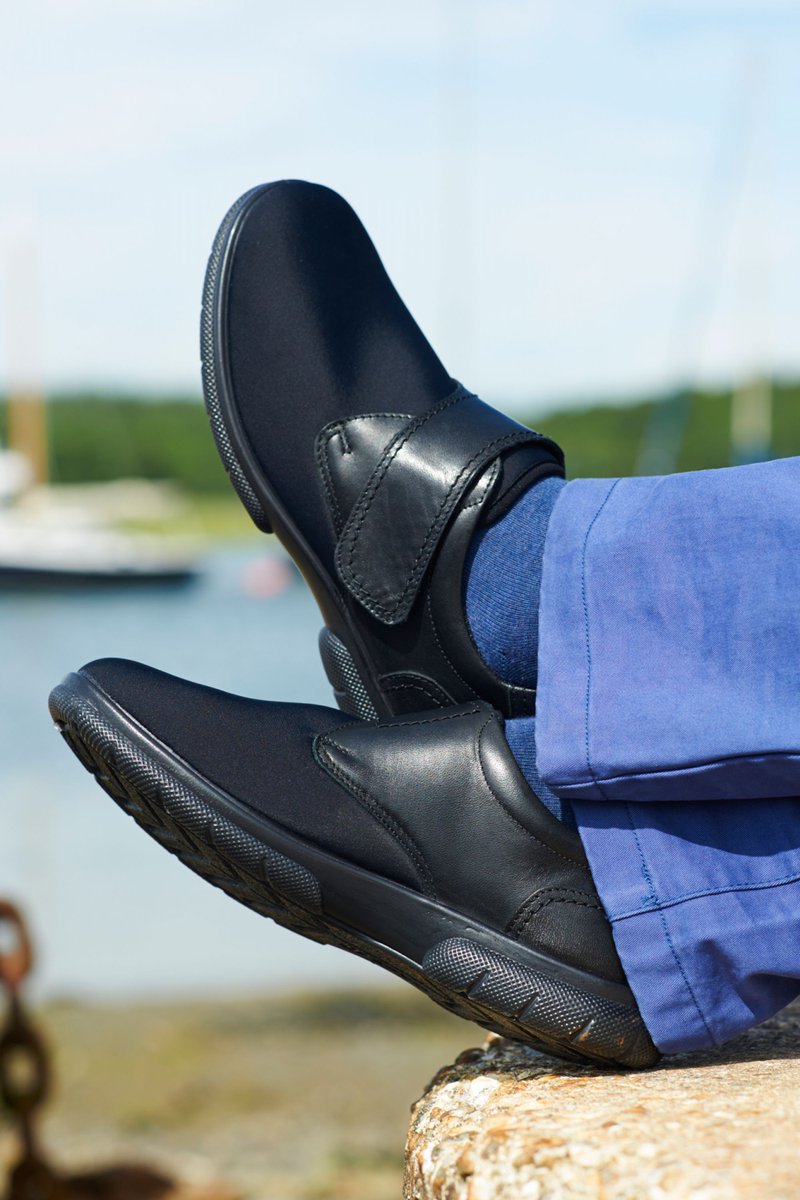 Our men's stretch shoes combine comfort &amp; practicality with a single touch strap which is easy to fasten and adjust if necessary, should your feet swell during the day. Other styles &amp; colours are available in our amazing stretch fabric combined with leather shoes. 0800 112 3877