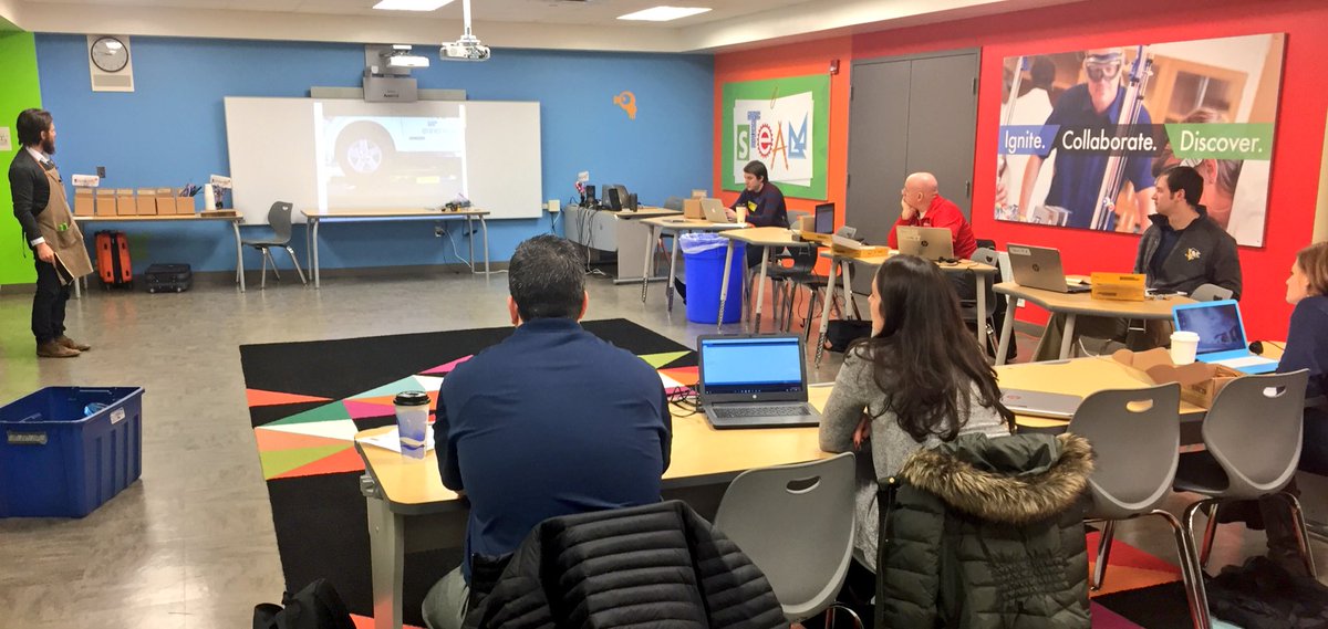 JustinAglio's tweet photo. Happening NOW: Prototyping Autonomous Vecihles w/ @birdbraintech Hummingbird workshop @MontourSD #transformEDWest @cntr4creativity! @KatieHenryLearn @cmucreatelab @KelseyConnects @TylerSamstag #Robotics #FutureOfLearning @PADeptofEd https://t.co/0eVo99ZfK1