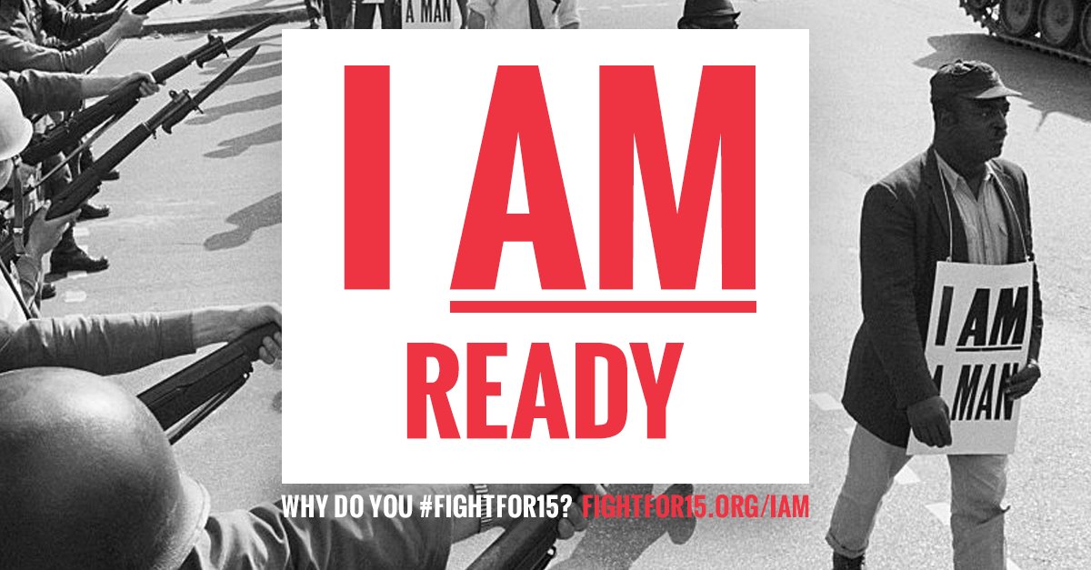 FightForAUnion's tweet image. 50 years ago, black sanitation workers went on strike with MLK. The signs they carried boldly declared their humanity, saying, “I AM A MAN.” On, Feb. 12 the #FightFor15 will honor their legacy in a day of aciton. Make YOUR sign and we'll carry it with us: fightfor15.org/iam/