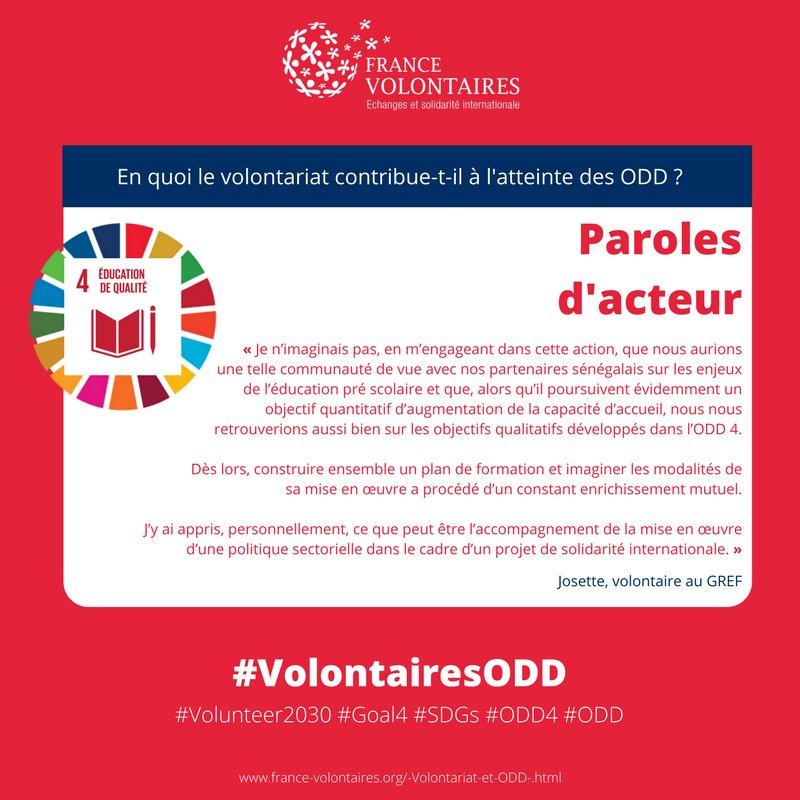FVolontaires's tweet photo. #VolontairesODD En quoi le volontariat contribue-t-il à l'atteinte de l'ODD 4 ? Paroles d'acteur : Josette, volontaire au GREF - Groupement des Educateurs sans Frontières ! https://t.co/398ZrgNH6q

#Volunteer2030 #Goals4 #SDGs #ODD4 #ODD https://t.co/8M2kjt4jHF