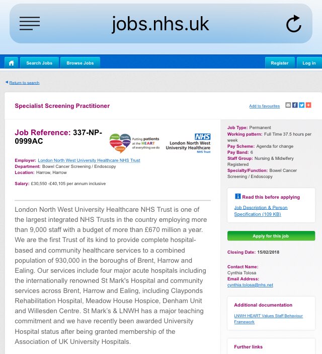 SarahTom123's tweet photo. Come and join the team.....337-NP-0999AC Specialist Screening Practitioner in the Bowel Cancer Screening Programme at St.Mark’s https://t.co/ZzH43BmQt3