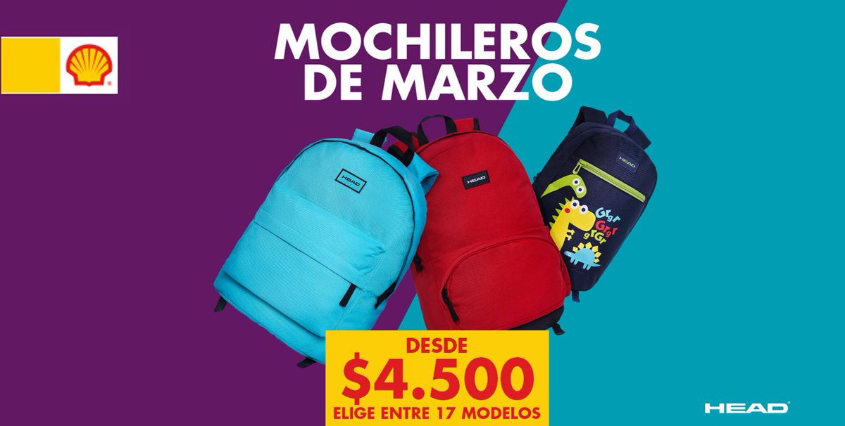 Malabares ignorancia ducha Shell Chile on Twitter: "Presentamos nuestra nueva promoción: "Mochileros  de Marzo" Ven a Shell y upa! y elige entre los 17 modelos de mochilas Head  desde $4.500.📚🎒🎓 Mochileros de Marzo, En este