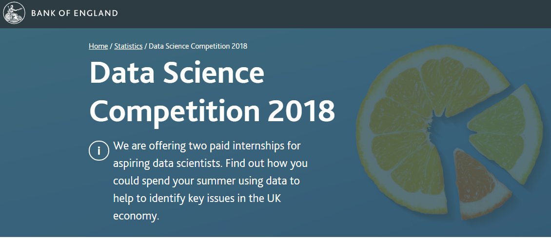 We're running a #DataScience competition <a href="/bankofengland/">Bank of England</a>! The prizes are two paid internships using data to help to identify key issues in the UK economy. Submissions will be judged on #dataviz, quality of cleaning &amp; analysis, &amp; policy relevance. More info: bankofengland.co.uk/statistics/dat…