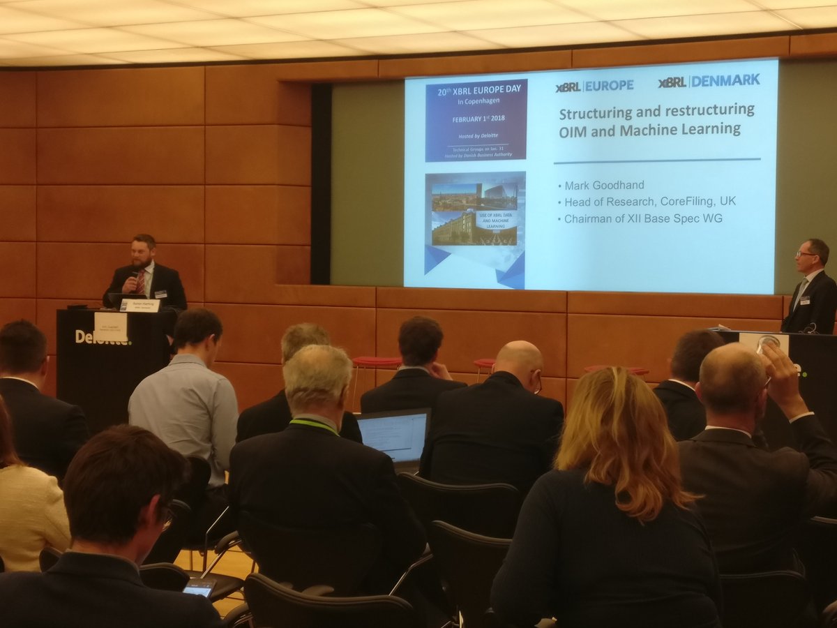 CoreFiling's tweet photo. .@MarkGoodhand our Head of Research is talking about ‘Structuring and restructuring: OIM and machine learning’ at the 20th #XBRL Europe Day in Copenhagen.  For a copy of his presentation leave your details here https://t.co/UObr7JHqqK https://t.co/hpfvB5tjhd