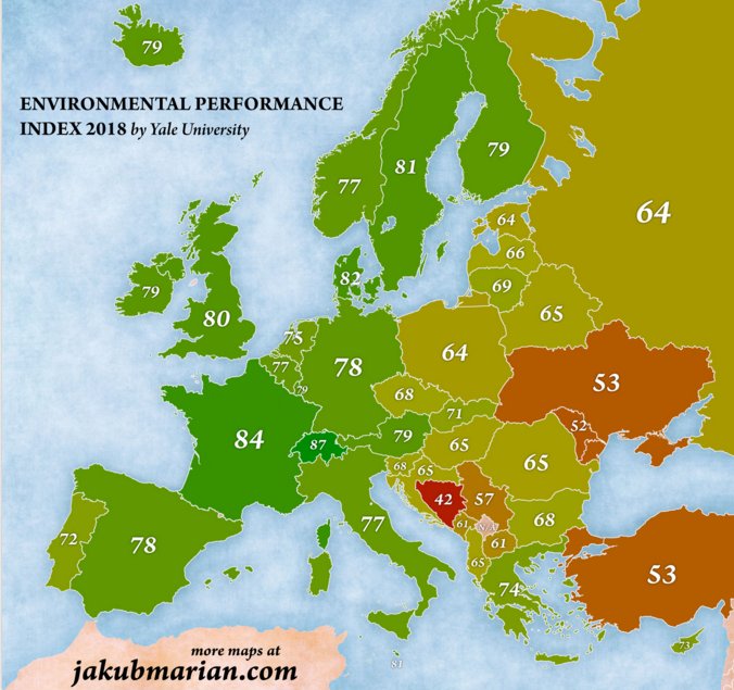 JohnRentoul's tweet photo. Greenness ranking of European countries: Yale Univ Environmental Performance Index. Map by @JakubMarian https://t.co/X2tuscMe3z https://t.co/C8aqJjJ33W