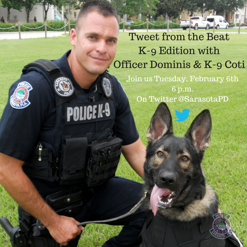 Who wants to join us for a virtual ride-along with our Patrol Officers? 🤔How about one with a #K9? 🐾🚔 Our first #TweetFromTheBeat in 2018 is here!  Join us Tuesday at 6 p.m. with Ofc. Dominis & K-9 Coti.  Learn more at facebook.com/events/1479352…  #LESM #Sarasota