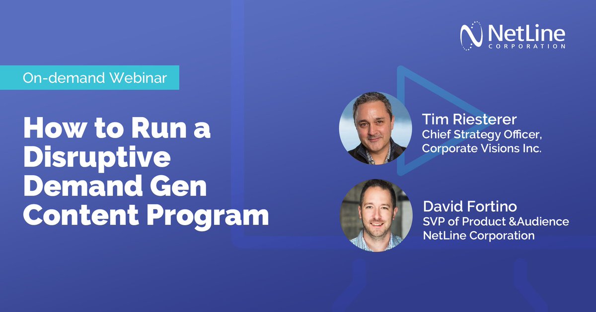 NetLine_Corp's tweet photo. Now available! Get the highlights, then watch last week's webinar on #DisruptiveDemandGen featuring @TRiesterer of @corpv  and our own @David__Fortino #leadgen #b2bmarketing https://t.co/TTOfrchpkY https://t.co/QmeFRII3K2