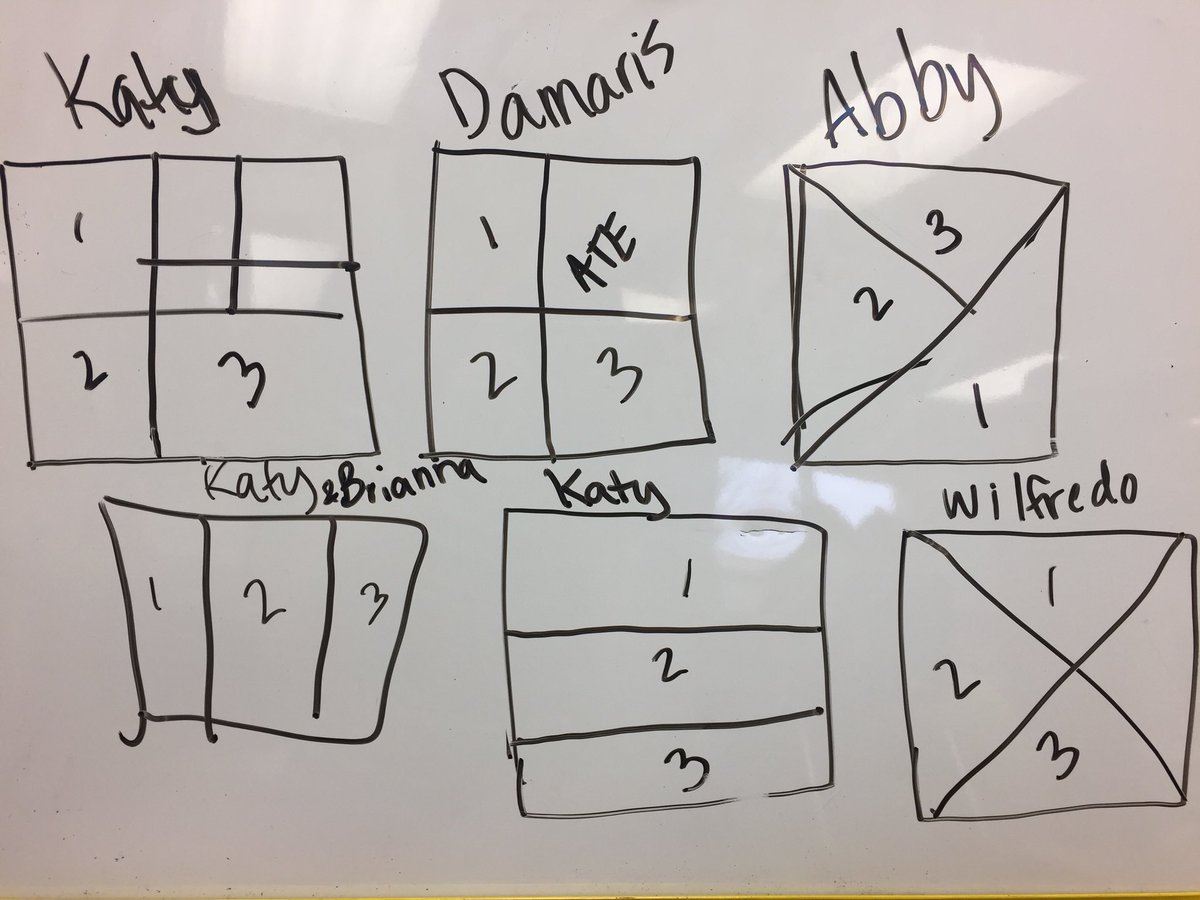 MsDavisMath17's tweet image. Intro’d fractions to my 2nd graders by reading “One Hungry Cat.” While reading students worked out how to share a cake with 3 people - such a progression of thought in the models they created! They started out cutting too many pieces, to unequal sizes, to perfect sharing!