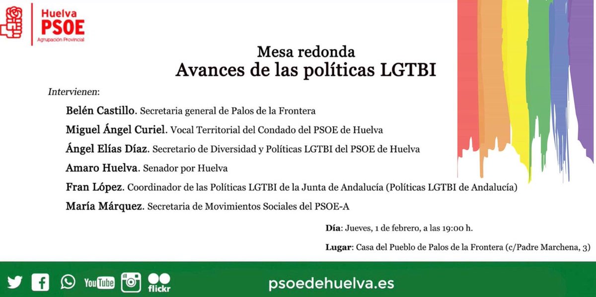 psoemoguer's tweet photo. En 50 minutos en @PSOE_Palos_Fra:
👉🏻Mesa Redonda “Avance de las políticas LGTBI”
🏣 Casa del pueblo c/ Padre Marchena 3
con @AngelEliasD @MariaMarquez88, @amarohuelva #BelenCastillo @Miguel_A_Curiel #BelenCastillo y #FranLopez https://t.co/kOrN20Mcbc