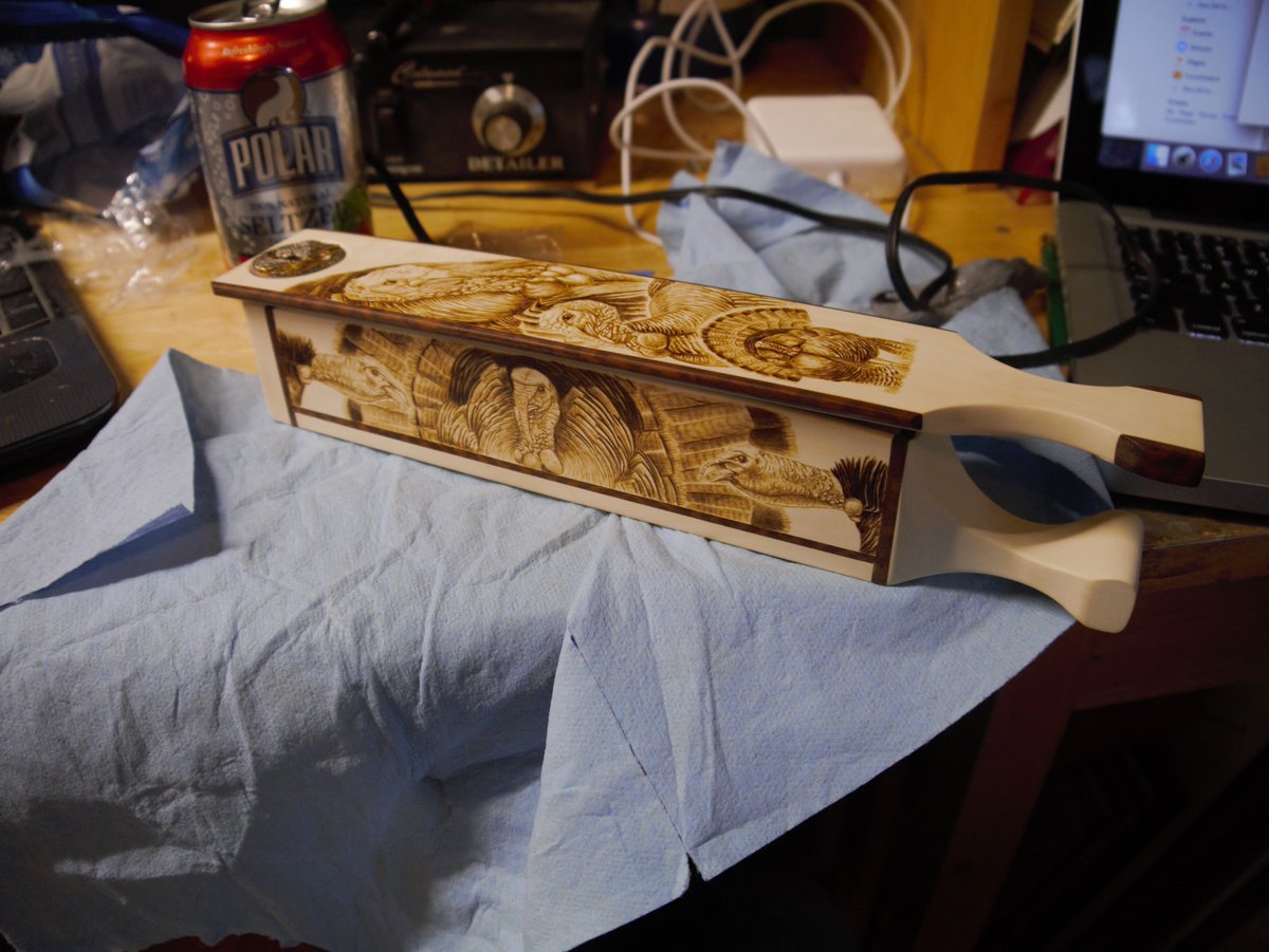 DustinDattilio's tweet photo. Working on wood burning a turkey call #TurkeyHunting #NWTF #CustomCall @knightandhale @MossyOak https://t.co/uzb5GpG72H