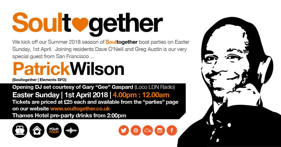 Tickets available for our next #boatparty on the River Thames Sunday 1st April 2018 - Easter Sunday with <a href="/DJPatrickWilson/">Patrick Wilson</a> David O'Neill &amp; Greg Austin and <a href="/SolemindGee/">Gary Gee</a>  Limited capacity of150 so get your tickets
from bit.ly/SoultogetherBu… #SoulfulHouse #housemusic