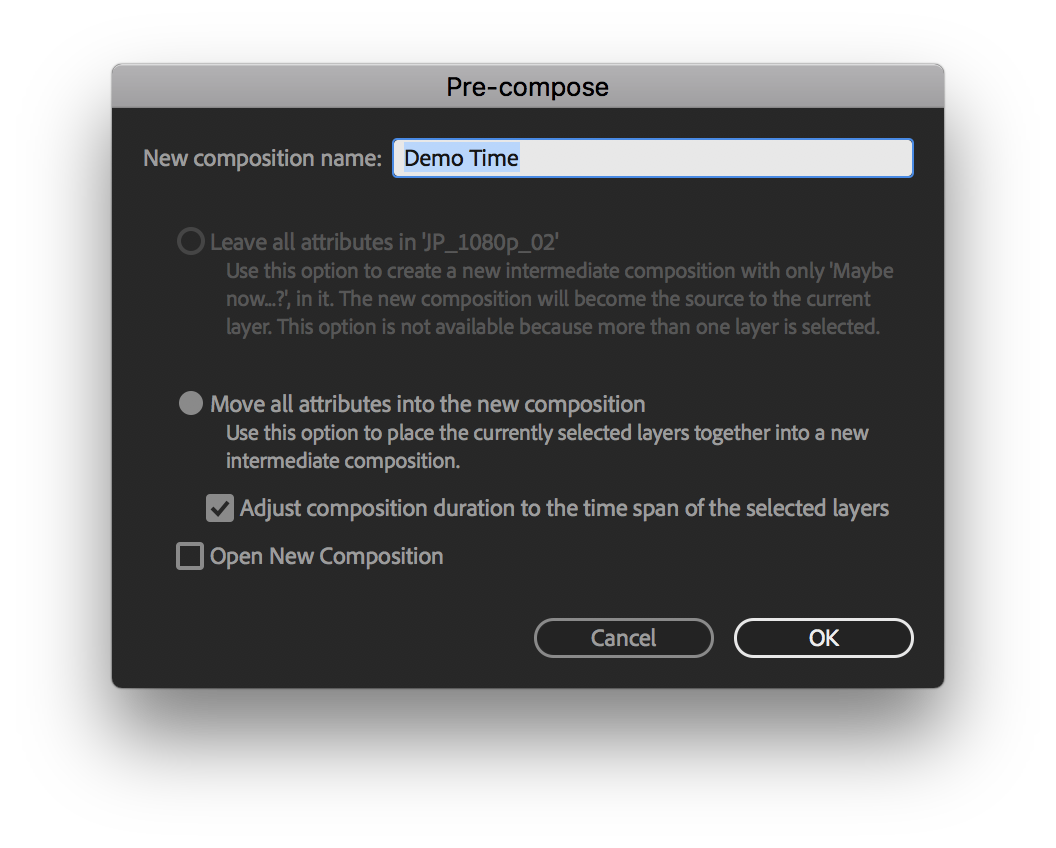 ballio's tweet image. WOW. This (new to me) checkbox to adjust comp duration to timespan of the selected layers in the #precomp settings is a GAME-CHANGER. Thank you, @Adobe @AdobeAE!!!!!! #TIL Sorry, I'm a nerd.