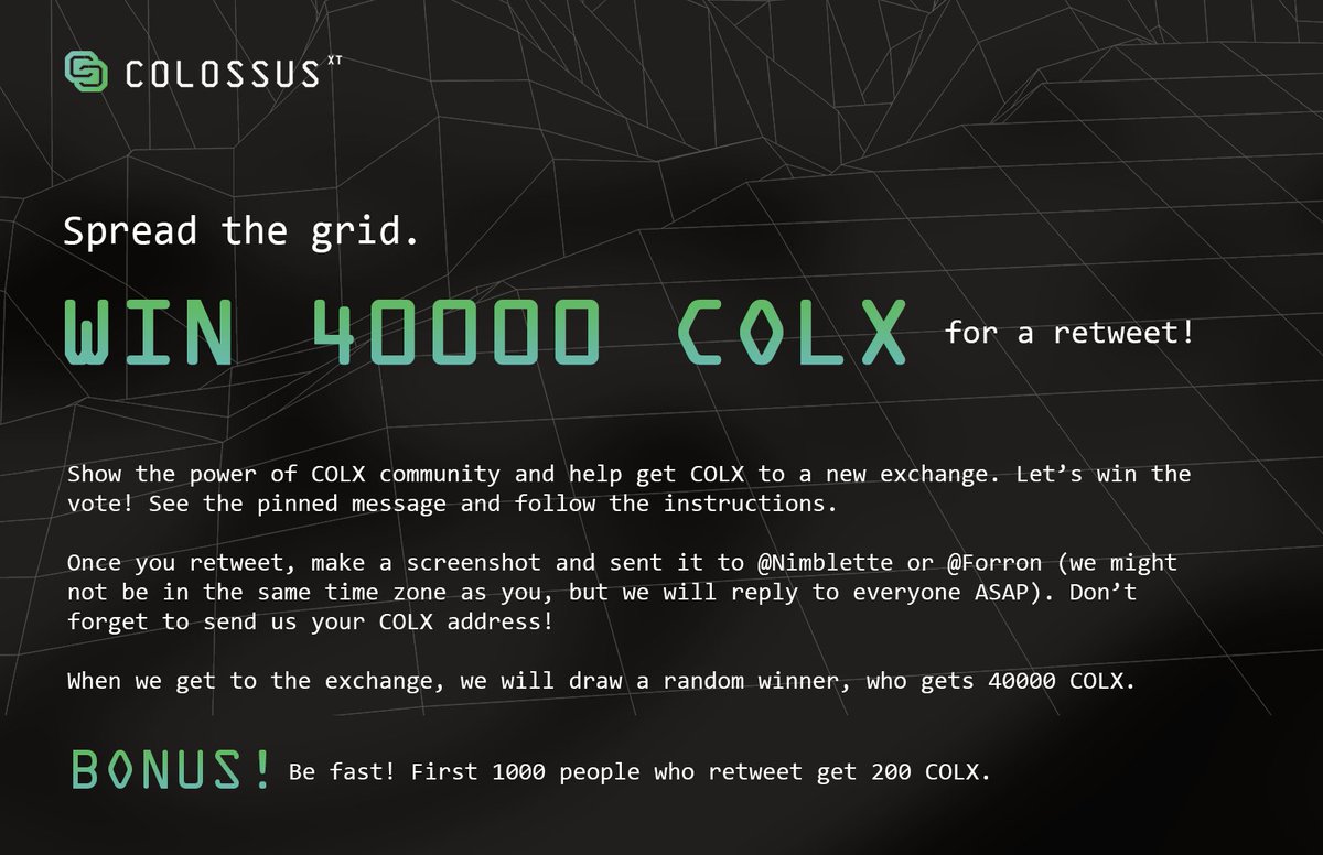 ColossusCoinXT's tweet image. We are almost there!

The community is giving away free $COLX

First 1000 new FatBTC retweets get 200 COLX.  Once we get listed, there will be a drawing for an additional 40k COLX!  

Join telegram chat to participate



#colx #privacycoin #cryptocurreny