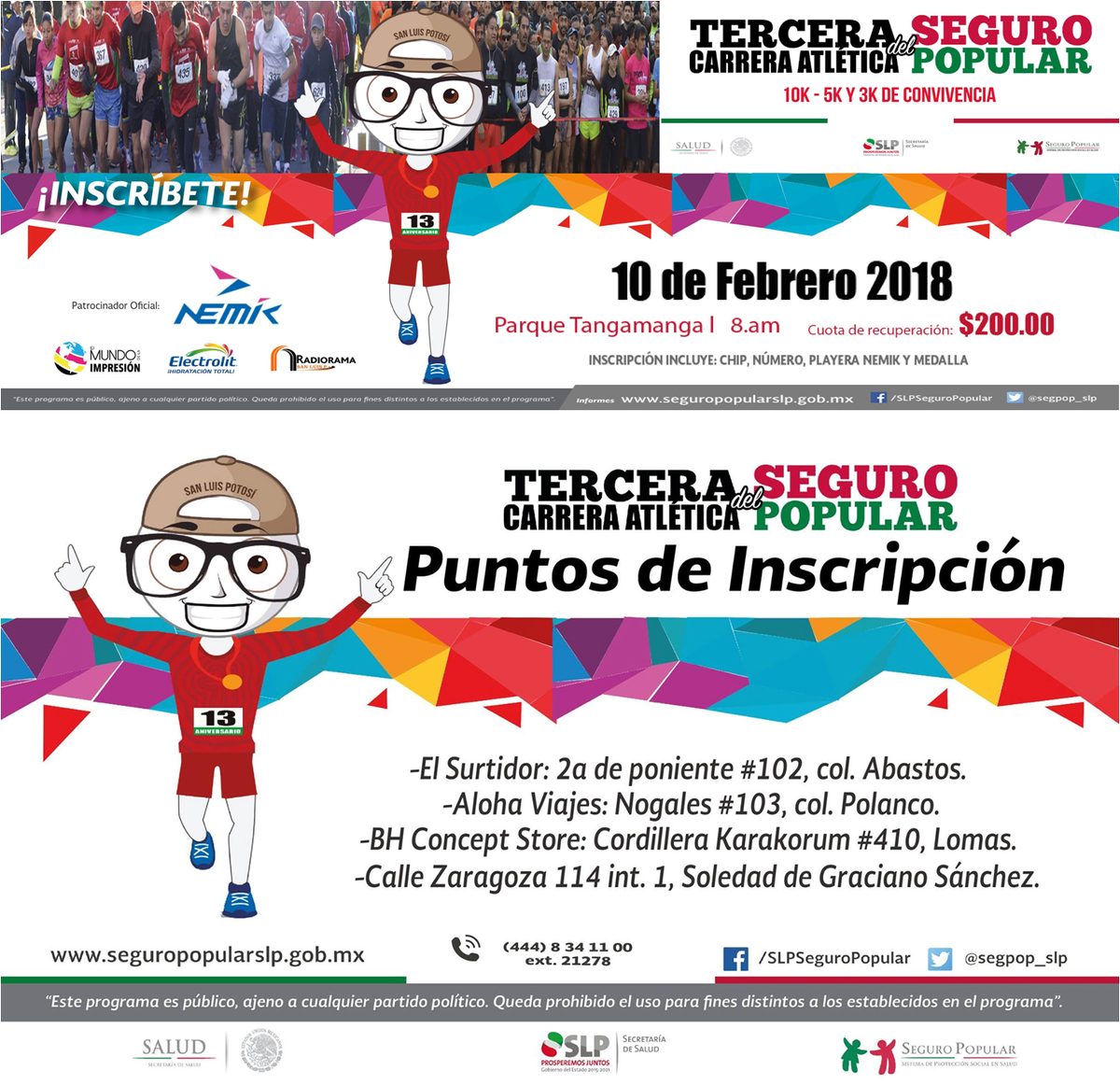 GobEdoSLP's tweet photo. ¡Recuerda! este 10 de Febrero es la tercera carrera atlética del Seguro Popular San Luis Potosí, @segpop_slp ¿ya te inscribiste? ¡Sólo faltas tú! #Carrera #runners #runner https://t.co/zXEBNnxNTv