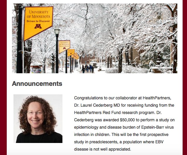 themonoproject's tweet photo. We've got big news at @themonoproject ! Conratulations to Dr. Laurel Cederberg! #UMNDriven #EBVresearch #EBV https://t.co/xgwEUWTBEM