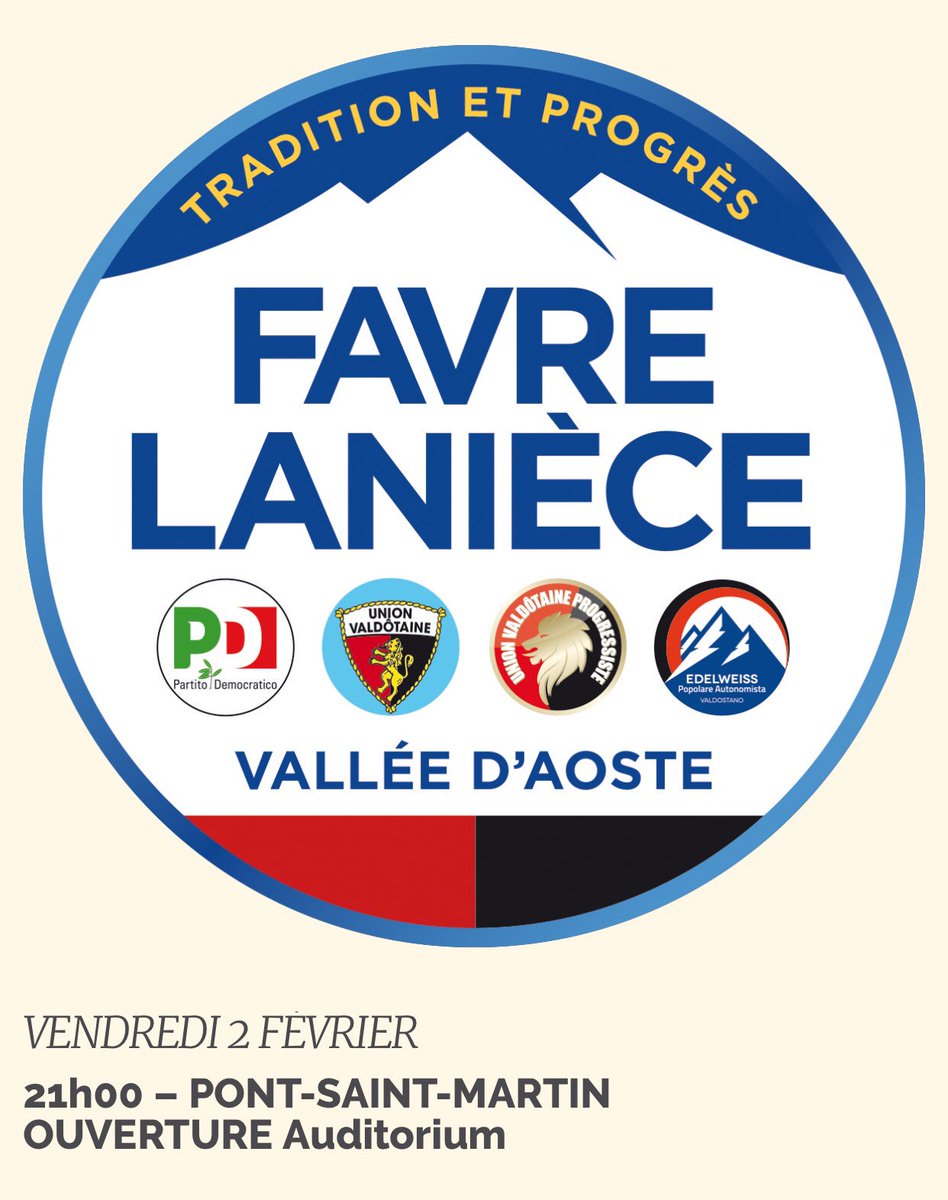 Comice d’ouverture Liste Favre-Lanièce prévu pour demain, vendredi 2 Février - 21h00 - à Pont-Saint-Martin, salle de l’Auditorium @favrelaniece <a href="/AlessiaFavre/">alessia favre</a> <a href="/albertlaniece/">Albert Lanièce</a> <a href="/pdvda/">PD Valle d'Aosta</a> <a href="/unionvaldotaine/">Union Valdôtaine</a> <a href="/gruppoepav/">Gruppo EPAV</a> #Politiche2018VDA