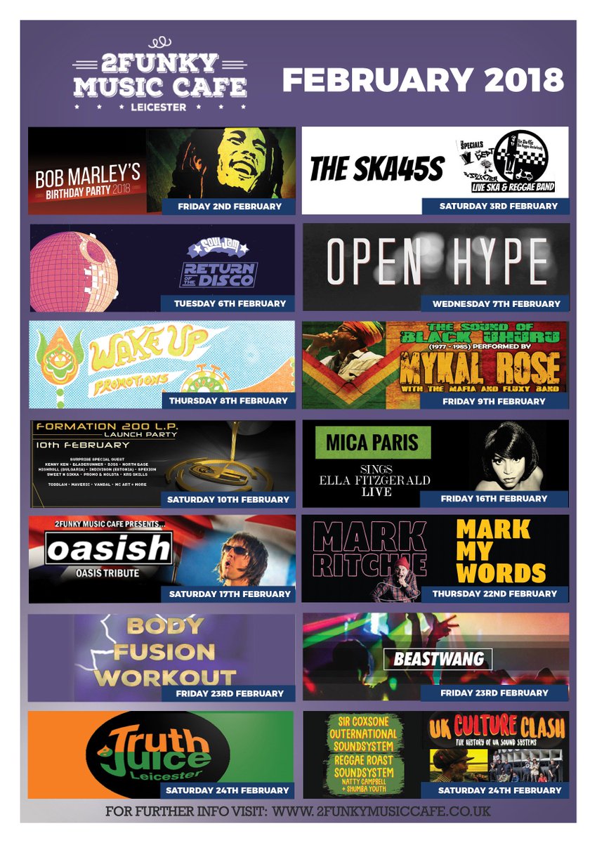 2funkymusiccafe's tweet photo. Check Out Some Of Our Hottest Events This February At 2Funky Music Cafe!! #bobmarley #reggage #ska45 #souljam #openhype #openmic #wakeuppromotions #mykalrose #formation #micaparis #oasish #tributeband #markmywords #workout #bodyfusion #beastwang #truthjuice #ukcultureclash https://t.co/Vizol6ZHmD