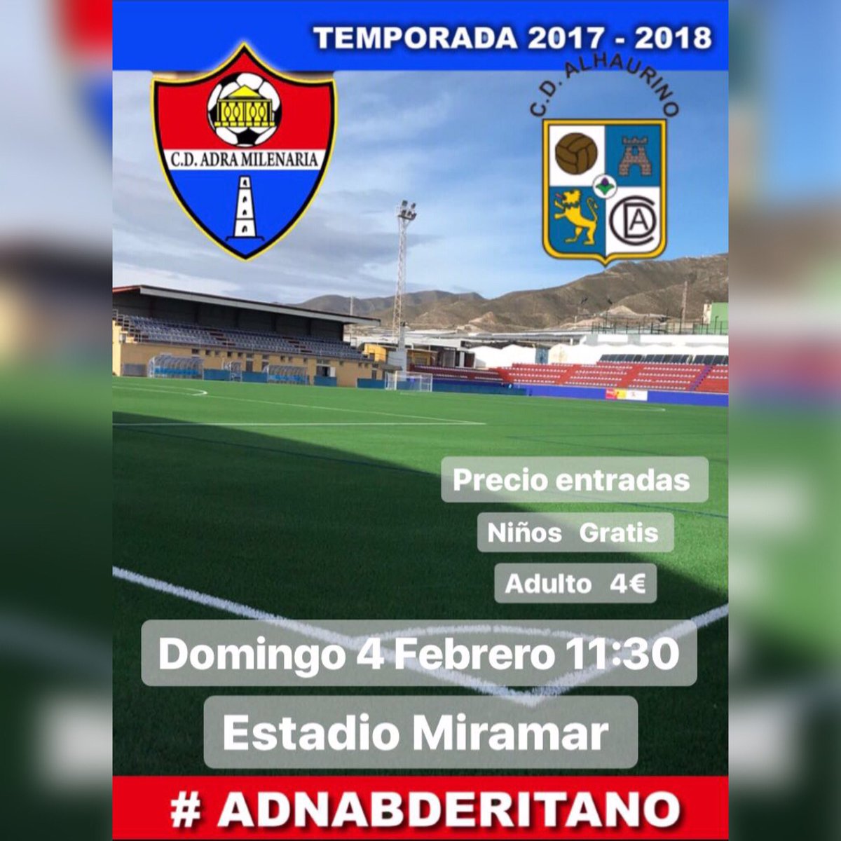 🏆División de Honor Andaluza Senior - Jornada  21
📆 Domingo 04/02/18
⏰11:30
📍Adra (Almeria)
🏟Estadio Municipal Miramar
🆚 <a href="/CD_Alhaurino/">Club Deportivo Alhaurino 🇪🇸</a> 
#ADNAbderitano #AnimaATuEquipo