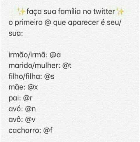 Irmão/irmã: <a href="/androideira_br/">laura</a>
Marido/mulher: <a href="/TzShou/">yShouTz</a>
Filha/filho: @SrMine7w7
Mãe: @SanXLOficial nem conheço'-'
Pai: <a href="/RenanPlayBR_/">Renan #RR🇧🇷</a>
Avó: <a href="/NubaGamer/">IhopTail</a>
Avô: <a href="/mixxdzn2017/">Cogumelow#YouToba</a>
Cachorro: <a href="/mesakcraft/">Mesak</a>