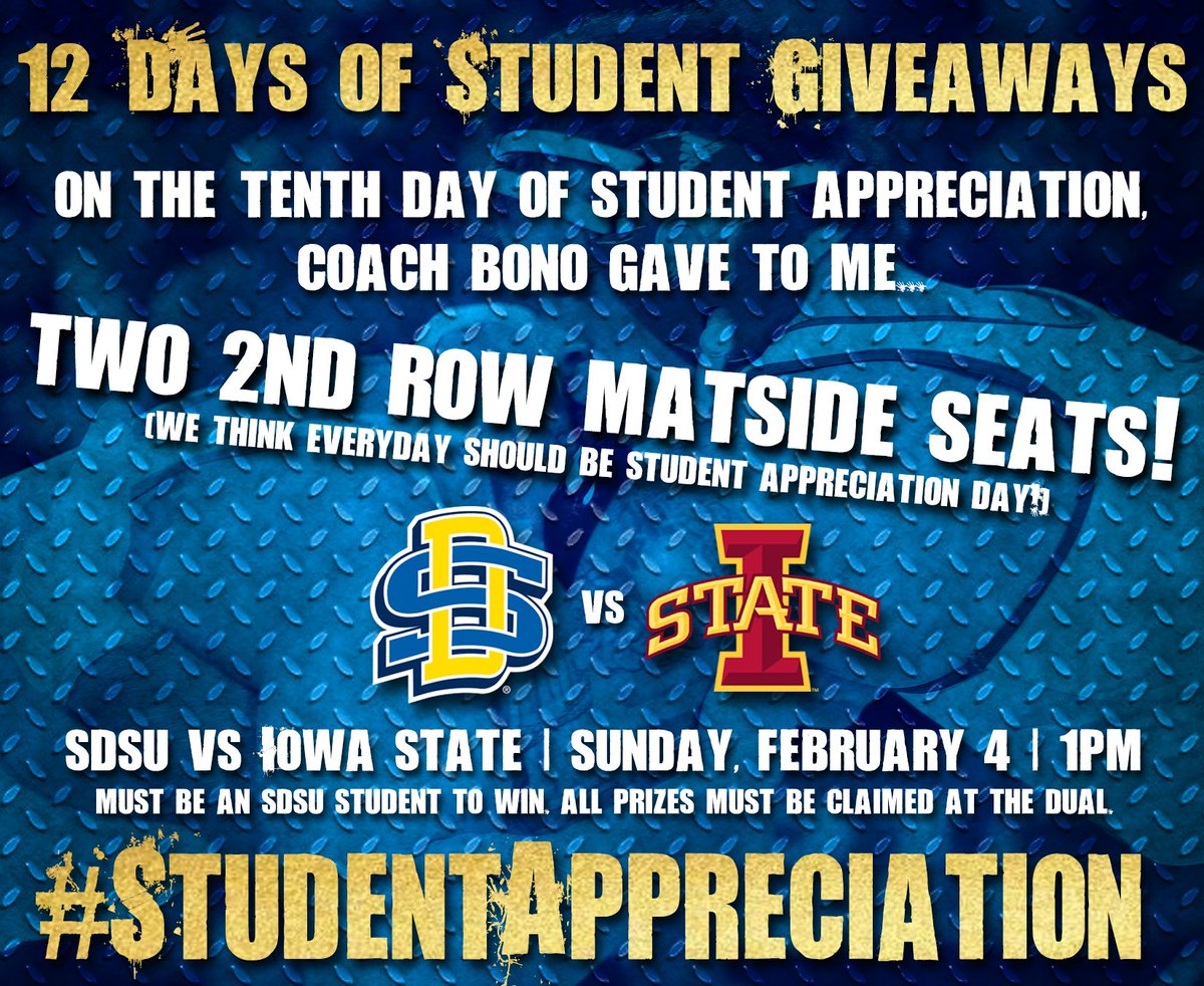GoJacksWrestle's tweet photo. 💥12 DAYS OF STUDENT GIVEAWAYS💥

THREE. DAYS. AWAY.  Are you JACKED yet?!

Like and share this post for your chance to WIN two 2nd row matside seats to the @CycloneWR dual on Sunday! Doors open at noon. Wrestling begins at 1pm! 

*SDSU Students only! https://t.co/H7kslF0BZp