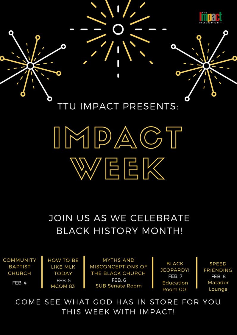 ImpactatTTU's tweet photo. It’s #BlackHistoryMonth and we’re kicking it off with a week full of events!
#TTUImpact https://t.co/gLJJQfBQiw
