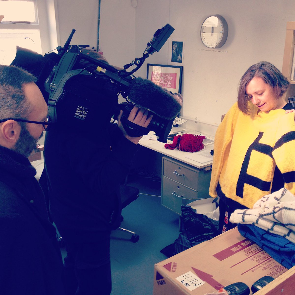 joseph_ford's tweet photo. Being filmed by @itvmeridian about #knittedcamouflage project. On air at 6 tonight! #tv #knitting #ilovemyjob @Woollington1 @AJDickensonITV https://t.co/4avw7EKbvF