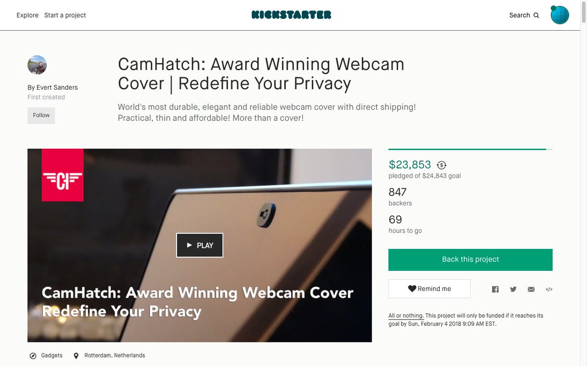 mubashariqbal's tweet photo. Cool @KickStarter #SideProject by the team behind @CamHatch: "CamHatch - Award Winning Webcam Cover" almost fully funded! https://t.co/0BTsQDtrol #SideProjectShare https://t.co/gQoq2GJoX6