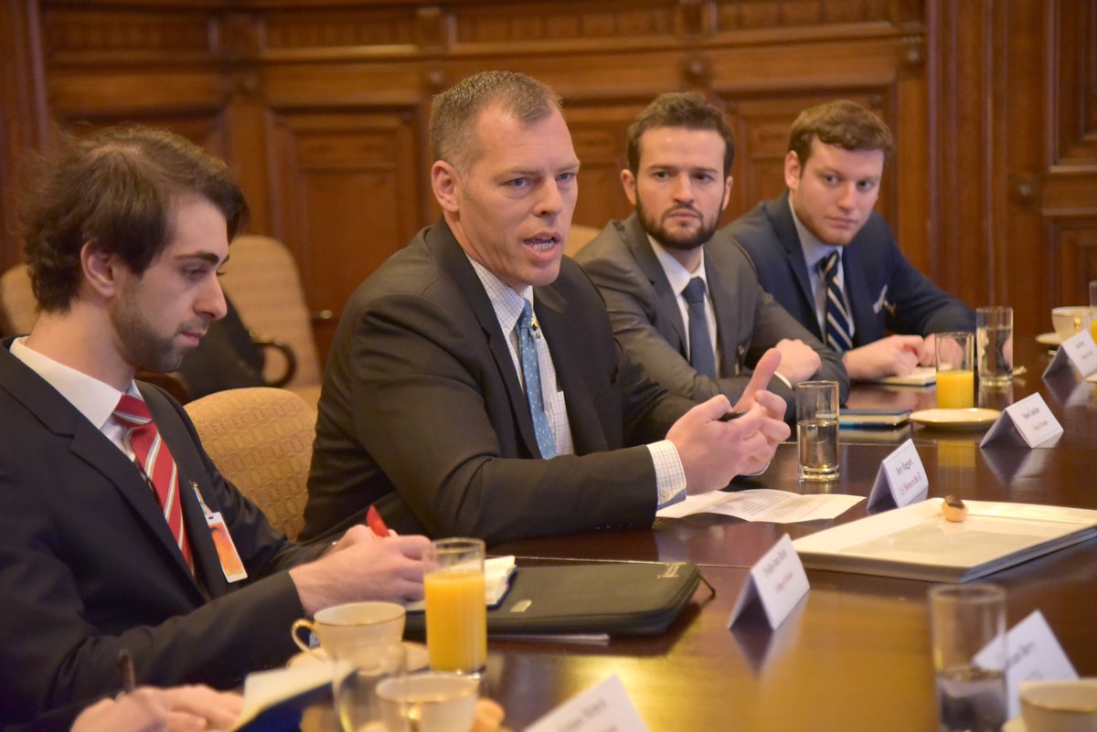 A senior political officer briefs university students on transatlantic affairs at the US Mission to the EU in Brussels.