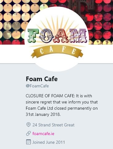 IrishFoodGuide's tweet photo. Sad to hear the @FoamCafe at 24 Strand Street Great in Dublin has Closed permanently https://t.co/414xGjpxyH https://t.co/BRmjkp3xdp