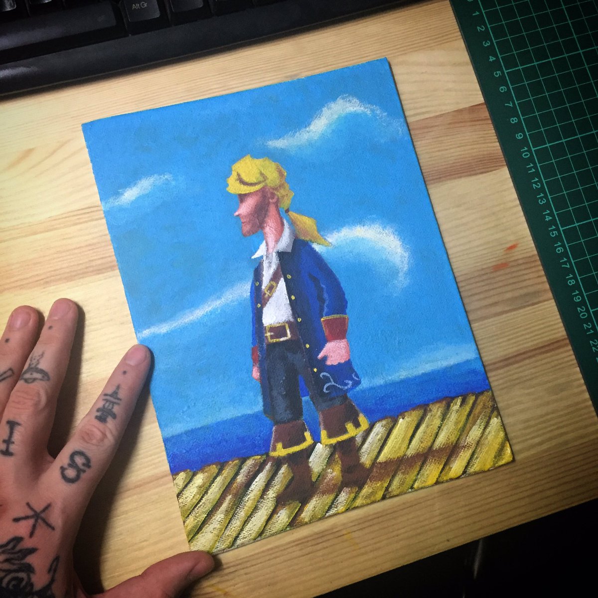 kytattoo's tweet photo. Guybrush Threepwood, a mighty pirate. Acrylic on canvas #monkeyisland #acrylicpainting #guybrushthreepwood #thimbleweedpark #grumpygamer @thimbleweedpark @grumpygamer https://t.co/moeLkS3dzW