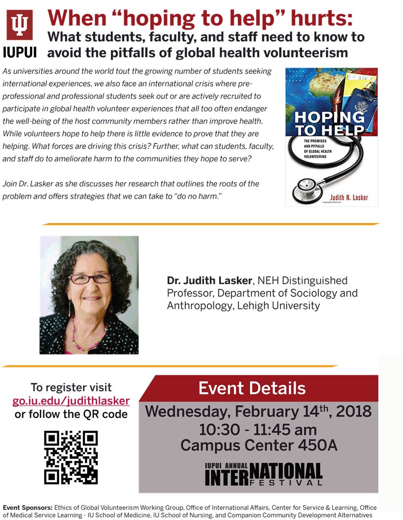 VIDAIUPUI's tweet photo. Sometimes well-intentioned global health volunteer efforts can do more harm than good. Join Dr. Judith Lasker this Valentine’s Day at 10:30am to learn how to “do no harm” when volunteering abroad. https://t.co/Qp1VzQVGIO