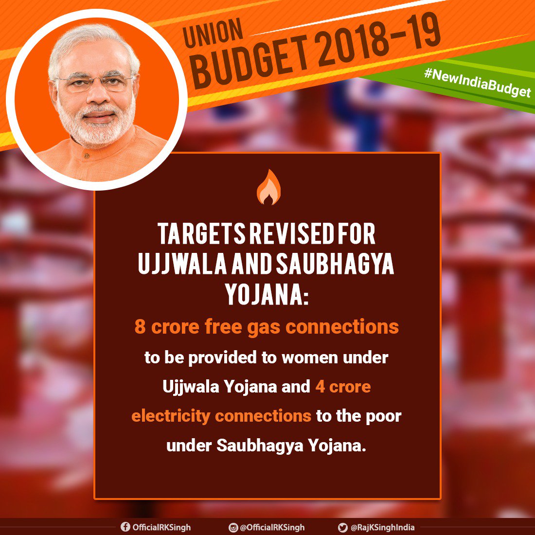 RajKSinghIndia's tweet image. Working towards bringing smiles to the households across the nation, Government has revised targets for Ujjwala and Saubhagya Yojana in #UnionBudget2018, according to which 8 crore free gas connections will be provided to women and 4 crore electricity connections to the poor.