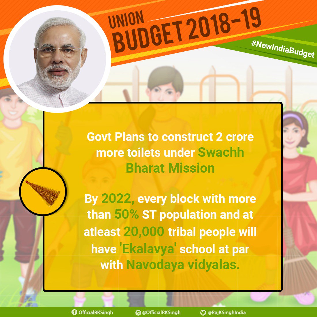 RajKSinghIndia's tweet image. The all-inclusive #UnionBudget2018 also aims at facilitating funds for construction of public infrastructure such as toilets under "Swachh Bharat Mission', allocation for the welfare of Scheduled Castes &amp;amp; Scheduled Tribes and for the bamboo sector under #NationalBambooMission.