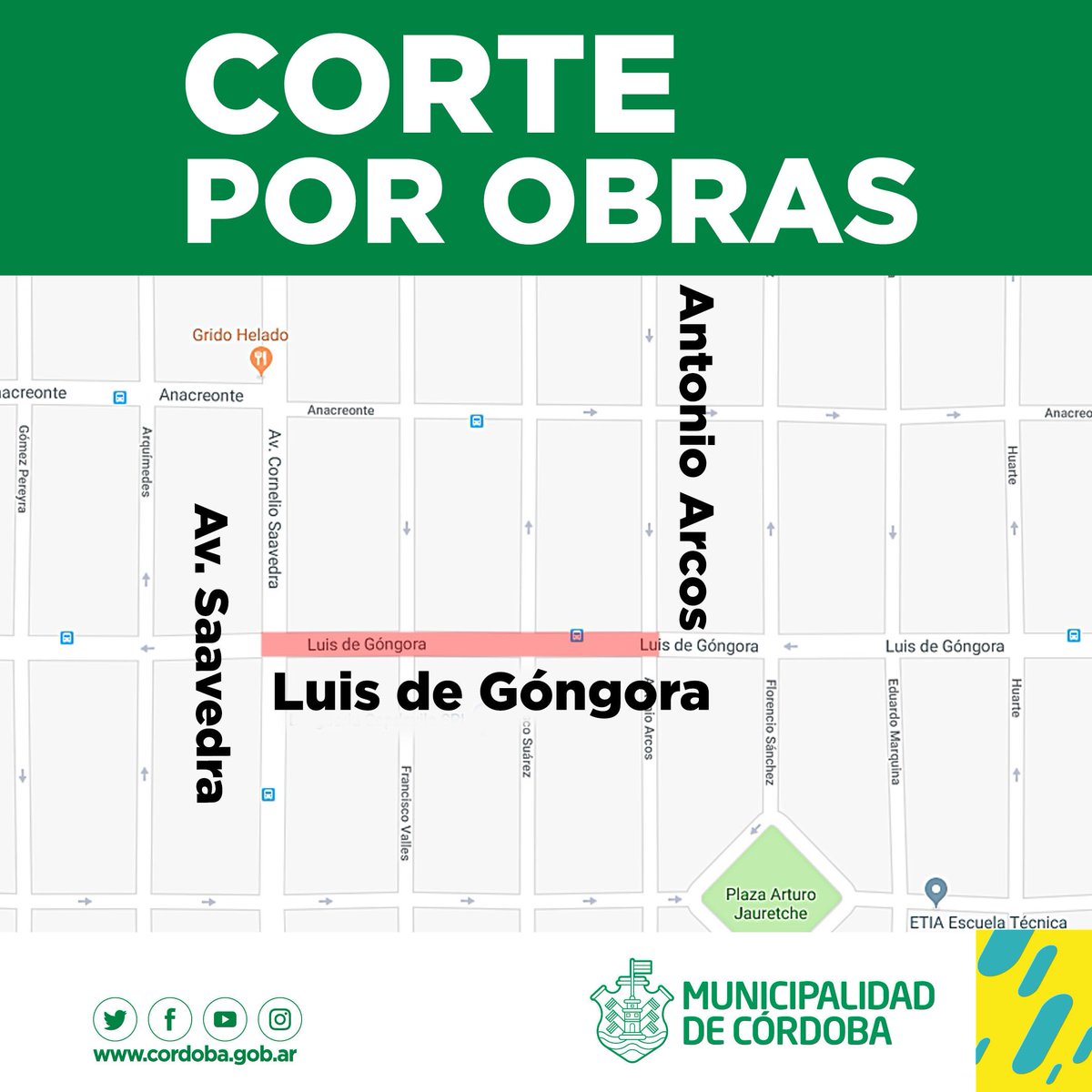 MuniCba's tweet image. ⚠Estamos trabajando en la rehabilitación del pavimento en calle Luis de Góngora, por este motivo estará cortada la calle Góngora entre Av. Saavedra y Arcos. Más info👉 bit.ly/2GEx2jU