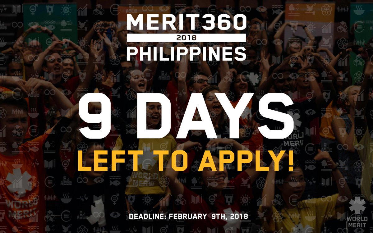9 DAYS LEFT TO APPLY FOR #MERIT360 PHILIPPINES!

#Merit360 is a 10-month program which will connect you with like-minded people from all over the world to combat a specific problem of your chosen Sustainable Development Goal!

Apply here: bit.ly/MERIT360