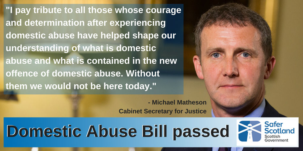 ScotGovJustice's tweet photo. The Domestic Abuse (Scotland) Bill has been passed by parliament https://t.co/VjR7ImEvFW #DABill https://t.co/gmKoqsMRFK