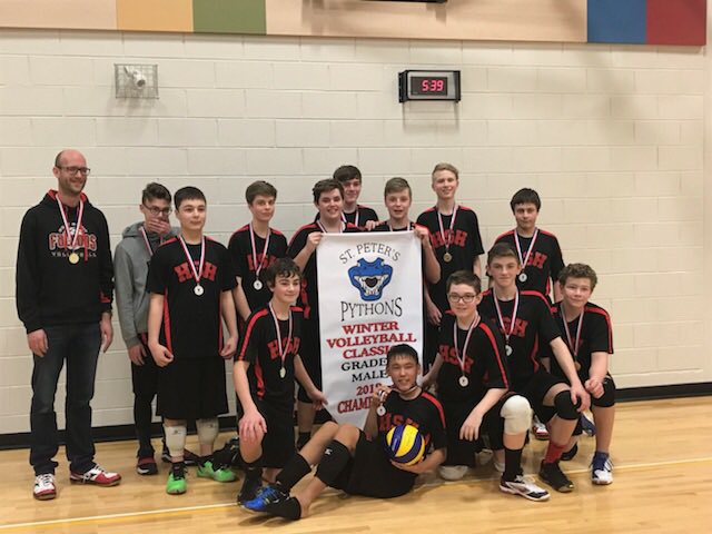 Congrats to the Grade 9 boys volleyball who won gold in the St Peters Winter Classic.  Undefeated record and took home the banner!  Go Falcons Go!