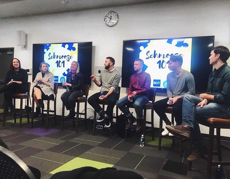 Schmoozapalooza's tweet photo. Schmooze 101 was a success! The panelist provided many tips and tricks for the students for how to Schmooze and prepare for internships. Thanks again @6s_marketing @willcreativeinc @creativegroup @taxiagency and @telus! #Schmooze2018 #BCITMA #Marketing https://t.co/J3IUKPqTcv