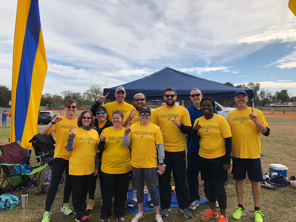 LymanHighSchool's tweet photo. Hey Lyman! Check out our Lyman Staff representing the greyhounds today at the @ScpsWellness #KickForKids Kickball Tournament. 2 Teams from Lyman, 1 team in the Championship Round!  Next up, @LMHSRams! War on 427! #LymanPounders #SaltyDawgs #StartTheChase @SCPSInfo https://t.co/yArYa8nYKH