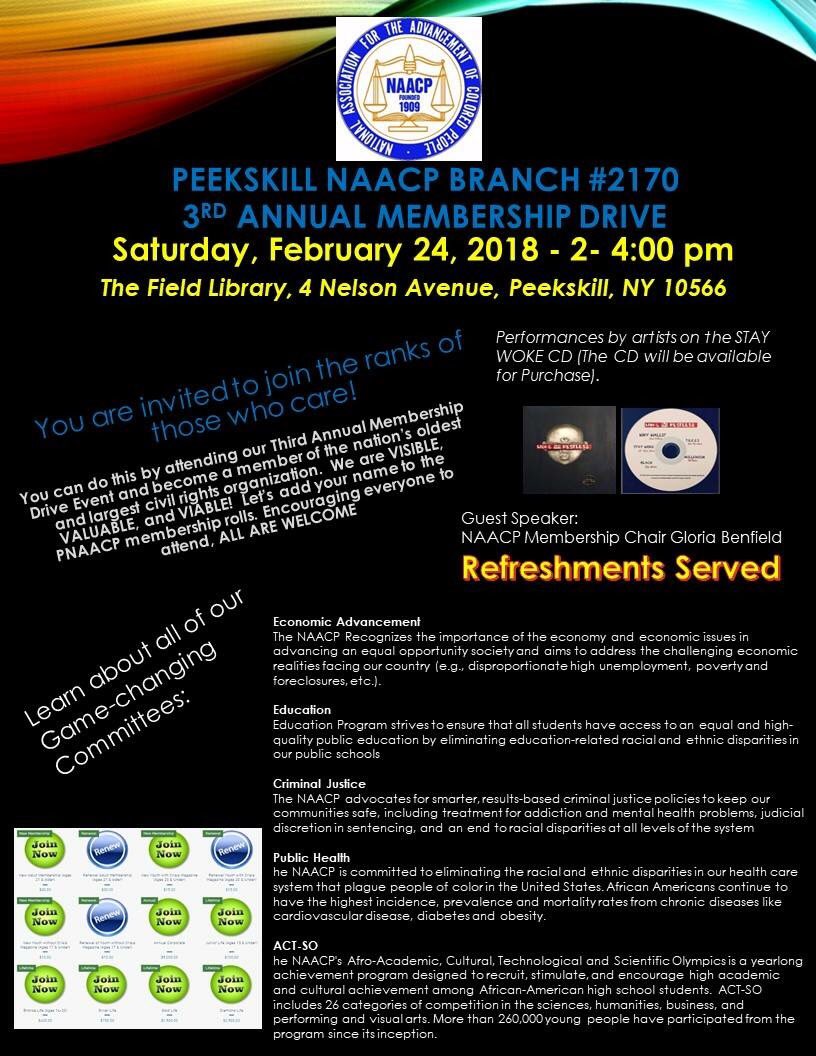 peekskillnaacp's tweet photo. 3rd ANNUAL MEMBERSHIP DRIVE!  Guest speaker Gloria Benfield (NYS Membership Chair) and WOKE AND RESTLESS CD artists perform. #CDARTISTS #wokeandrestless #membershipdrive #fieldlibrary #peekskill #peekskillnaacp #peekskillnaacpgeneral #naacp #naacpmembershipcommittee https://t.co/m2UmWxRY50