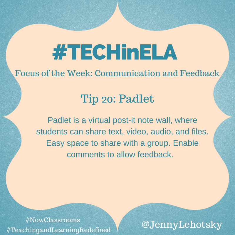 JennyLehotsky's tweet photo. Day 20 of #TECHinELA: Padlet creates a space for learners to share all type of media. How do you use padlet? 
#TeachingandLearningRedefined #Nowclassrooms #D100pride https://t.co/uoA8mVe6n9