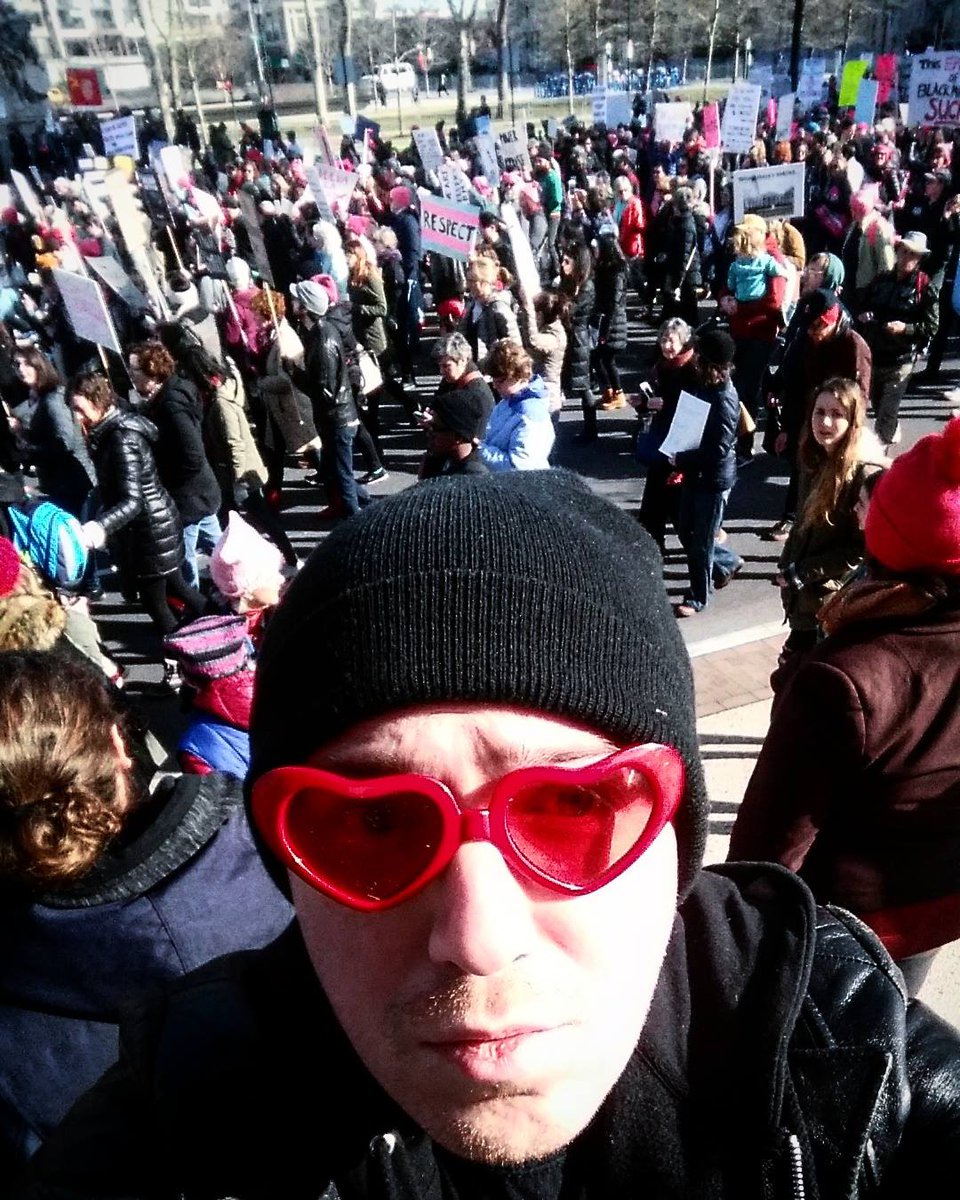 MisterGrowl's tweet photo. Marching with allies this morning. I support reproductive freedom, sex  worker rights, and dismantling gender inequality for a safer, brighter  future. Refuse. Resist. Persist. #WomensMarch2018 #WomensmarchPhilly https://t.co/9X0eCzV7FH