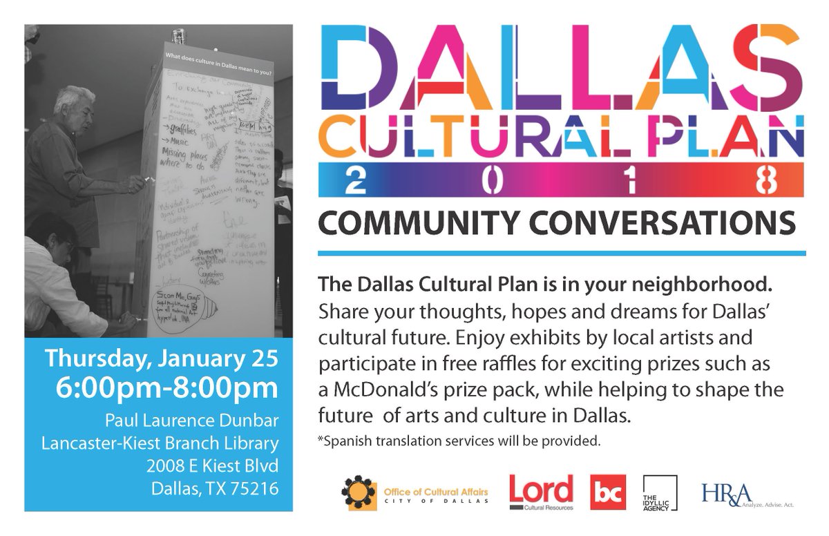 Join us Thursday 1/25 for a <a href="/DALculturalplan/">Dallas Cultural Plan</a> Community Conversation! RSVP and learn more at ow.ly/fMXj30hThp0! #DCP2018 #DallasCulture